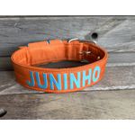 COLEIRA PERSONALIZADA 5cm laranja com nome em azul tiffany 