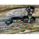 KIT PEITORAL PREMIUM PERSONALIZADO, COLEIRA PERSONALIZADA E GUIA DE PASSEIO preto e reggae
