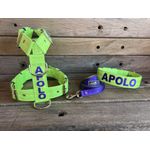 KIT PEITORAL PREMIUM PERSONALIZADO, COLEIRA PERSONALIZADA E GUIA DE PASSEIO amarelo flúor com roxo