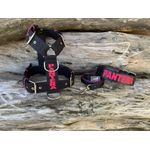 KIT PEITORAL PERSONALIZADO POLIÉSTER COMUM, COLEIRA PERSONALIZADA COURO SINTÉTICO E GUIA DE PASSEIO preto e rosa pink