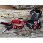 KIT PEITORAL PERSONALIZADO POLIÉSTER COMUM, COLEIRA PERSONALIZADA COURO SINTÉTICO E GUIA DE PASSEIO preto e vermelho