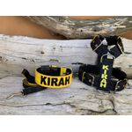 KIT PEITORAL PERSONALIZADO POLIÉSTER COMUM, COLEIRA PERSONALIZADA COURO SINTÉTICO E GUIA DE PASSEIO preto e amarelo