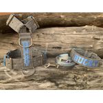 KIT PEITORAL PERSONALIZADO POLIÉSTER COMUM, COLEIRA PERSONALIZADA E GUIA DE PASSEIO cinza riscado e azul bebê