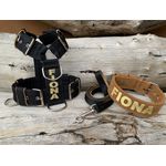 KIT PEITORAL PERSONALIZADO POLIÉSTER COMUM, COLEIRA PERSONALIZADA CAMURÇA E GUIA DE PASSEIO preto e dourado