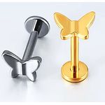 Piercing Labret Borboleta Titânio/ Pvd Gold 100% Hipoalergênico Rosca Interna