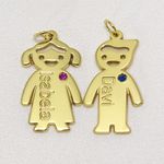 Pingente em Ouro 18k casal de irmãos com pedra colorida e nome personalizado - Pingente