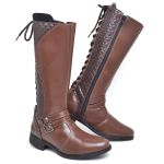 Bota Feminina Cano Longo de Amarrar com Zíper Detalhes e Fivela em Sintético do 33 ao 40