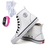 Kit Tênis Feminino Star Cano Alto Casual Basico de Amarrar Classico All Confortavel Relogio Digital e Meia