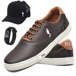 Kit Tênis Casual Masculino Homem Couro Ecologico Moderno Relogio Digital e Bone