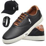 Kit Tênis Casual Masculino Homem Couro Ecologico Moderno Relogio Digital e Bone
