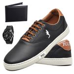 Kit Tênis Casual Masculino Homem Couro Ecologico Moderno Relogio e Carteira