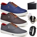 Kit 3 Pares Sapatenis Masculino Casual Cano Baixo Super Leve e Confortável Polo Blu Carteira Relogio Digital Cinto e Meia