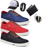Kit 3 Pares Sapatenis Masculino Casual Cano Baixo Super Leve e Confortável Polo Blu Carteira Relogio Digital Cinto Meia e Bone