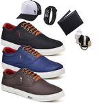 Kit 3 Pares Sapatenis Masculino Casual Cano Baixo Super Leve e Confortável Polo Blu Carteira Relogio Digital Cinto Meia e Bone