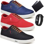 Kit 3 Pares Sapatenis Masculino Casual Cano Baixo Super Leve e Confortável Polo Blu Carteira e Relogio Digital