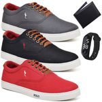 Kit 3 Pares Sapatenis Masculino Casual Cano Baixo Super Leve e Confortável Polo Blu Carteira e Relogio Digital