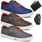 Kit 3 Pares Sapatenis Masculino Casual Cano Baixo Super Leve e Confortável Polo Blu Carteira e Relogio