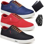 Kit 3 Pares Sapatenis Masculino Casual Cano Baixo Super Leve e Confortável Polo Blu Carteira e Relogio
