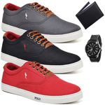 Kit 3 Pares Sapatenis Masculino Casual Cano Baixo Super Leve e Confortável Polo Blu Carteira e Relogio