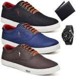 Kit 3 Pares Sapatenis Masculino Casual Cano Baixo Super Leve e Confortável Polo Blu Carteira e Relogio