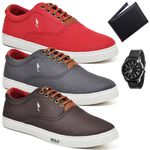 Kit 3 Pares Sapatenis Masculino Casual Cano Baixo Super Leve e Confortável Polo Blu Carteira e Relogio
