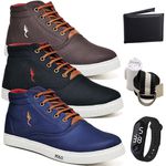 Kit 3 Pares Tenis Sapatenis Masculino Casual Botinha Cano Alto Variedade Polo Blu Carteira Relogio Digital Cinto e Meia 