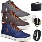 Kit 3 Pares Tenis Sapatenis Masculino Casual Botinha Cano Alto Variedade Polo Blu Carteira Relogio Digital Cinto e Meia 