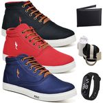 Kit 3 Pares Tenis Sapatenis Masculino Casual Botinha Cano Alto Variedade Polo Blu Carteira Relogio Digital Cinto e Meia 