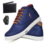 Kit Tenis Sapatenis Masculino Casual Cano Alto Confortavel Polo Blu Carteira e Relogio