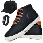 Kit Tenis Sapatenis Masculino Casual Cano Alto Confortavel Polo Blu Bone e Relogio Digital