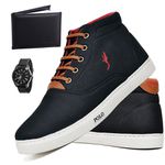 Kit Tenis Sapatenis Masculino Casual Cano Alto Confortavel Polo Blu Carteira e Relogio