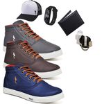 Kit 3 Pares Tenis Sapatenis Masculino Casual Botinha Cano Alto Polo Blu Carteira Relogio Digital Cinto Meia e Bone