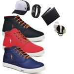 Kit 3 Pares Tenis Sapatenis Masculino Casual Botinha Cano Alto Polo Blu Carteira Relogio Digital Cinto Meia e Bone