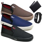 Kit 3 Pares Tenis Sapatenis Masculino Slip On Confortavel Facil de Calçar Sem Cadarço Carteira e Relogio Digital