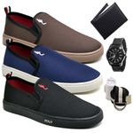 Kit 3 Pares Tenis Sapatenis Masculino Slip On Confortavel Facil de Calçar Sem Cadarço Carteira Relogio Cinto e Meia