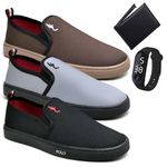 Kit 3 Pares Tenis Sapatenis Masculino Slip On Confortavel Facil de Calçar Sem Cadarço Carteira e Relogio Digital