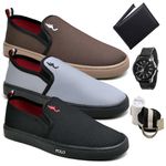 Kit 3 Pares Tenis Sapatenis Masculino Slip On Confortavel Facil de Calçar Sem Cadarço Carteira Relogio Cinto e Meia