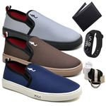 Kit 3 Pares Tenis Sapatenis Masculino Slip On Confortavel Facil de Calçar Sem Cadarço Carteira Relogio Digital Cinto e Meia