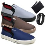 Kit 3 Pares Tenis Sapatenis Masculino Slip On Confortavel Facil de Calçar Sem Cadarço Carteira e Relogio Digital