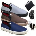 Kit 3 Pares Tenis Sapatenis Masculino Slip On Confortavel Facil de Calçar Sem Cadarço Carteira Relogio Cinto e Meia