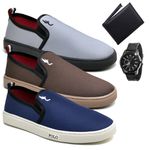 Kit 3 Pares Tenis Sapatenis Masculino Slip On Confortavel Facil de Calçar Sem Cadarço Carteira e Relogio