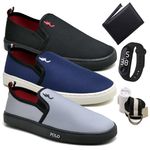 Kit 3 Pares Tenis Sapatenis Masculino Slip On Confortavel Facil de Calçar Sem Cadarço Carteira Relogio Digital Cinto e Meia