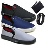 Kit 3 Pares Tenis Sapatenis Masculino Slip On Confortavel Facil de Calçar Sem Cadarço Carteira e Relogio Digital
