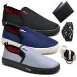 Kit 3 Pares Tenis Sapatenis Masculino Slip On Confortavel Facil de Calçar Sem Cadarço Carteira Relogio Cinto e Meia