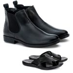 Kit Botina Chelsea Masculina Polo North Preto Liso + Sandália Comfort Todo em Couro