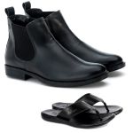 Kit Botina Chelsea Masculina Polo North Preto Liso + Chinelo Comfort Todo em Couro 