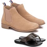 Kit Botina Chelsea Masculina Polo North Areia/Areia + Chinelo Comfort Todo em Couro 