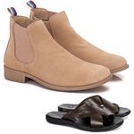 Kit Botina Chelsea Masculina Polo North Areia/Areia + Sandália Comfort Todo em Couro