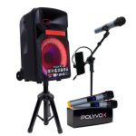 Kit Show Polyvox Caixa de som Amplificada Bluetooth 12" 600W + Tripés + Microfone Sem Fio
