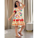 Vestido Marina Estampado Arara Off White E Vermelho